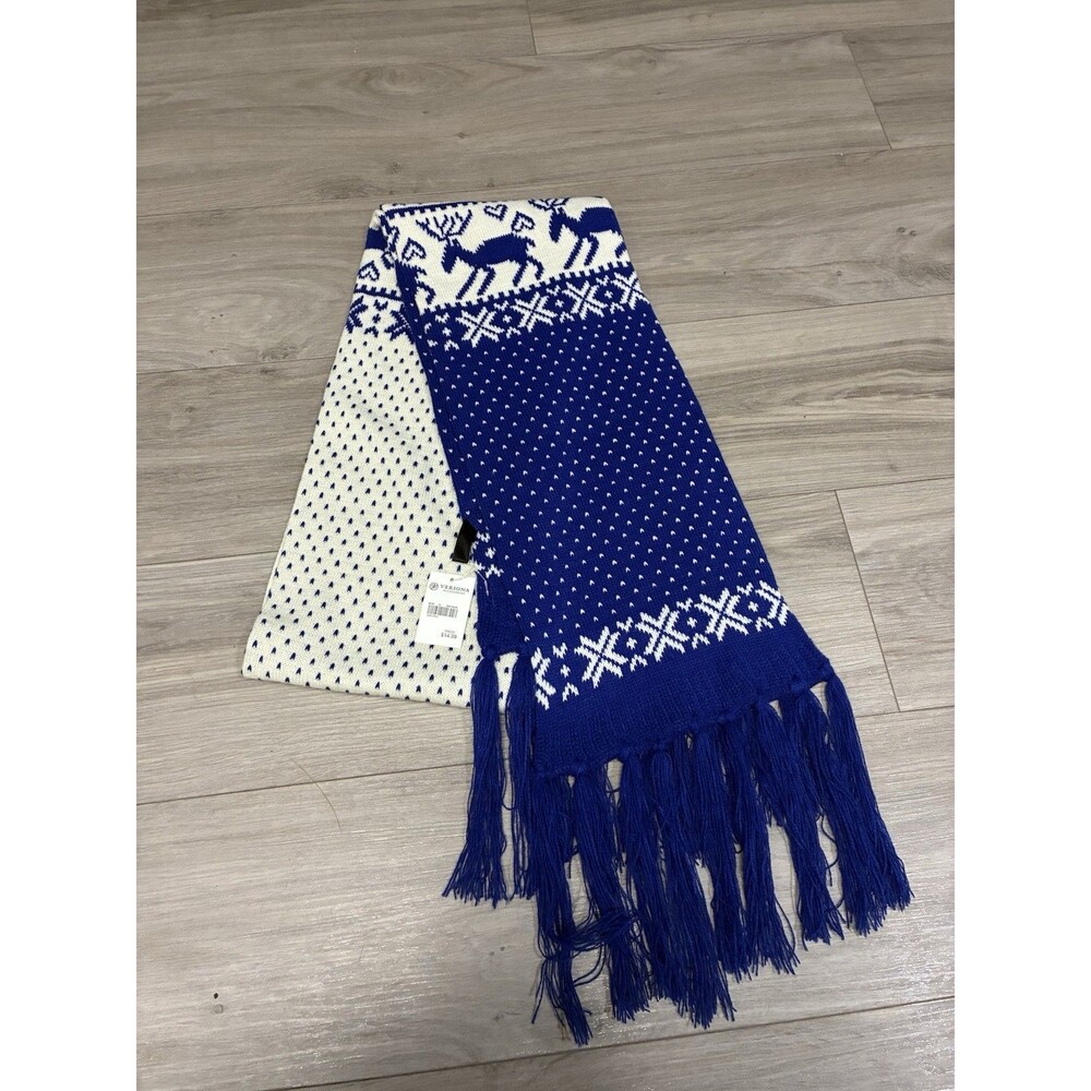 Blue Fair Isle Reindeer Christmas Long Scarf / Muffler Soft Acrylic Knit Fringe